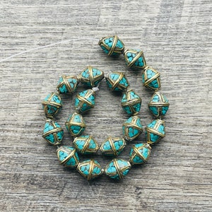 10 BEADS - 14mm, Bicone Shape, Nepal Handmade Beads, Inlaid Turquoise, Coral, Lapis, Tibetan Tribal Beads, GLAB24