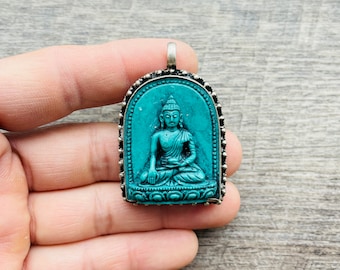 Buddh Pendant; Green Buddha, 28X37mm, Handmade Buddha Tibetan Silver..