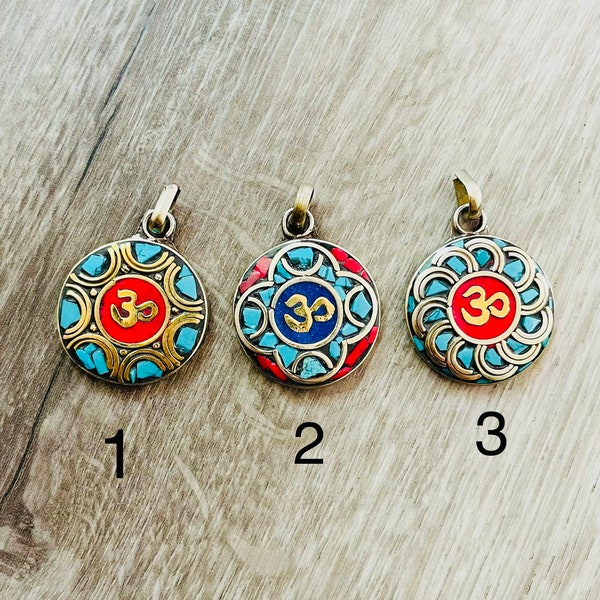 Om Pendant: Turquoise Om Pendant, Yoga Jewely, Nepal Om Pendant, Turquoise, Coral, Lapis Inlays, (27mm) Guru Pendant..