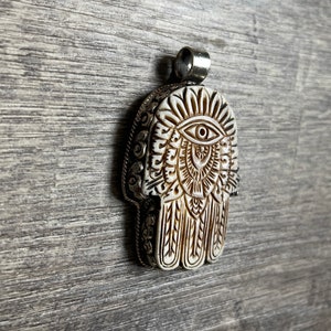 Hamsa Hand Pendant; Buffalo Bone Curved Tibetan Silver, 4X5.5cm Long, Hands Of Fatima, Protection Evil Spirit..TSP17
