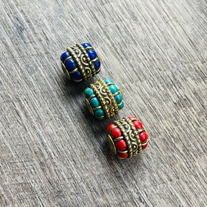 3 Tibetanische Türkis & Lapis Messing Perlen: Ethno Fass Perlen
