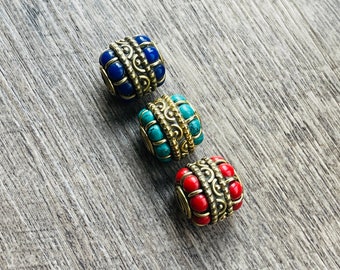 3 Tibetan Turquoise & Lapis Brass Beads: Ethnic Barrel Beads