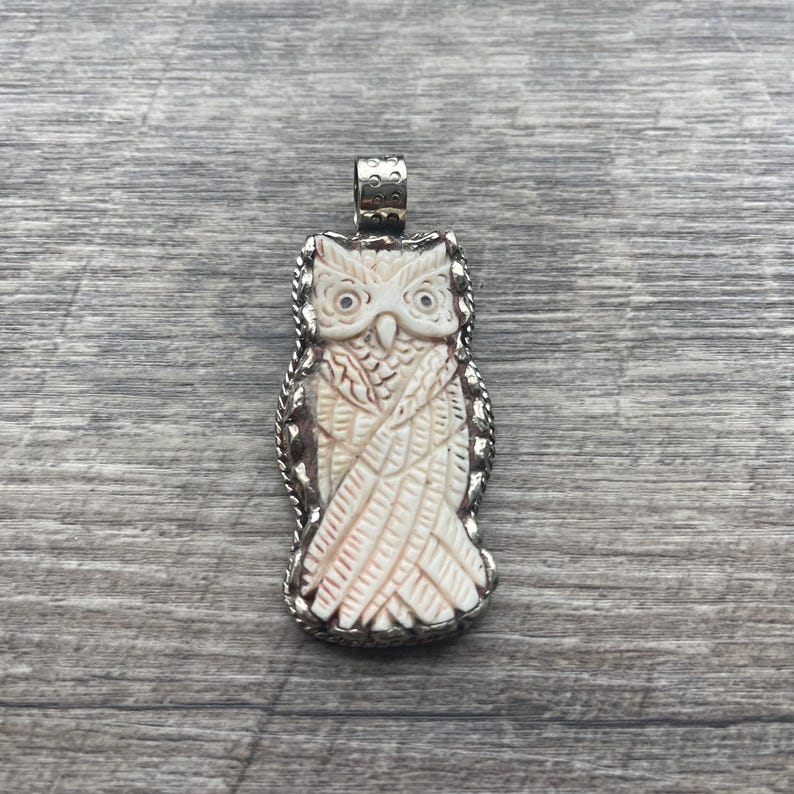 Hand Carved Buffalo Bone Owl Pendant: Tibetan Silver Jewelry image 2
