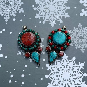 Tibetan Pendant: Boho Style Tibetan Coral And Turquoise Pendant, Ethnic Design Nepal  Pendant, GLAP04-05 ..