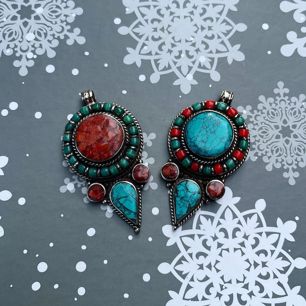 Tibetan Pendant: Boho Style Tibetan Coral And Turquoise Pendant, Ethnic Design Nepal  Pendant, GLAP04-05 ..