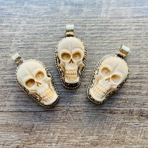 Skull Bone Pendant, 3.5cm long, Handmade Buffalo Bone, Tibetan Silver Setting, TSP-61