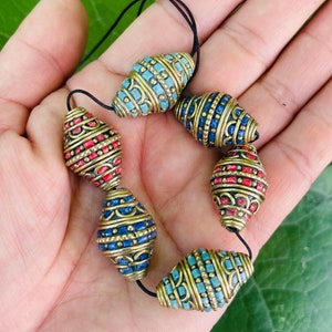 3 BEADS - 25mm, Bicone Shaped Tibetan Beads, Turquoise, Coral, And Lapis Inlays with Brass, Turquoise Jewelry, Guru Beads.glab75