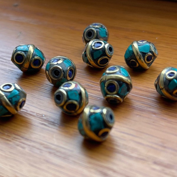 10 BEADS - Nepal Beads Ethnic Designs Lapis Turquoise Inlaid on Brass, Tibetan Beads, Tribal Beads, Mala Beads, 10mm, GLAB06