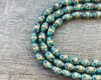 10 BEADS - 11.5mm, Barrel Shaped Tibetan Beads, Turquoise Lapis Inlays, Nepal Hill Tribe Beads, lapis Jewelry, Focal Beads..