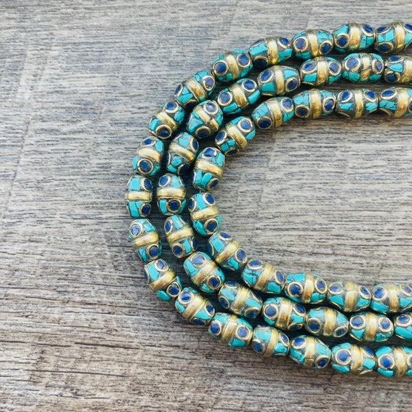 10 BEADS - 11.5mm, Barrel Shaped Tibetan Beads, Turquoise Lapis Inlays, Nepal Hill Tribe Beads, lapis Jewelry, Focal Beads..