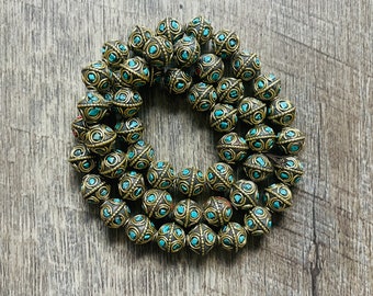 Ethnic Brass Beads, Turquoise Inlays, Nepal Tibetan Beads (11mm)