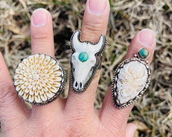 Handmade Buffalo Bone Ring: Tibetan Silver, Turquoise Stone, Adjustable