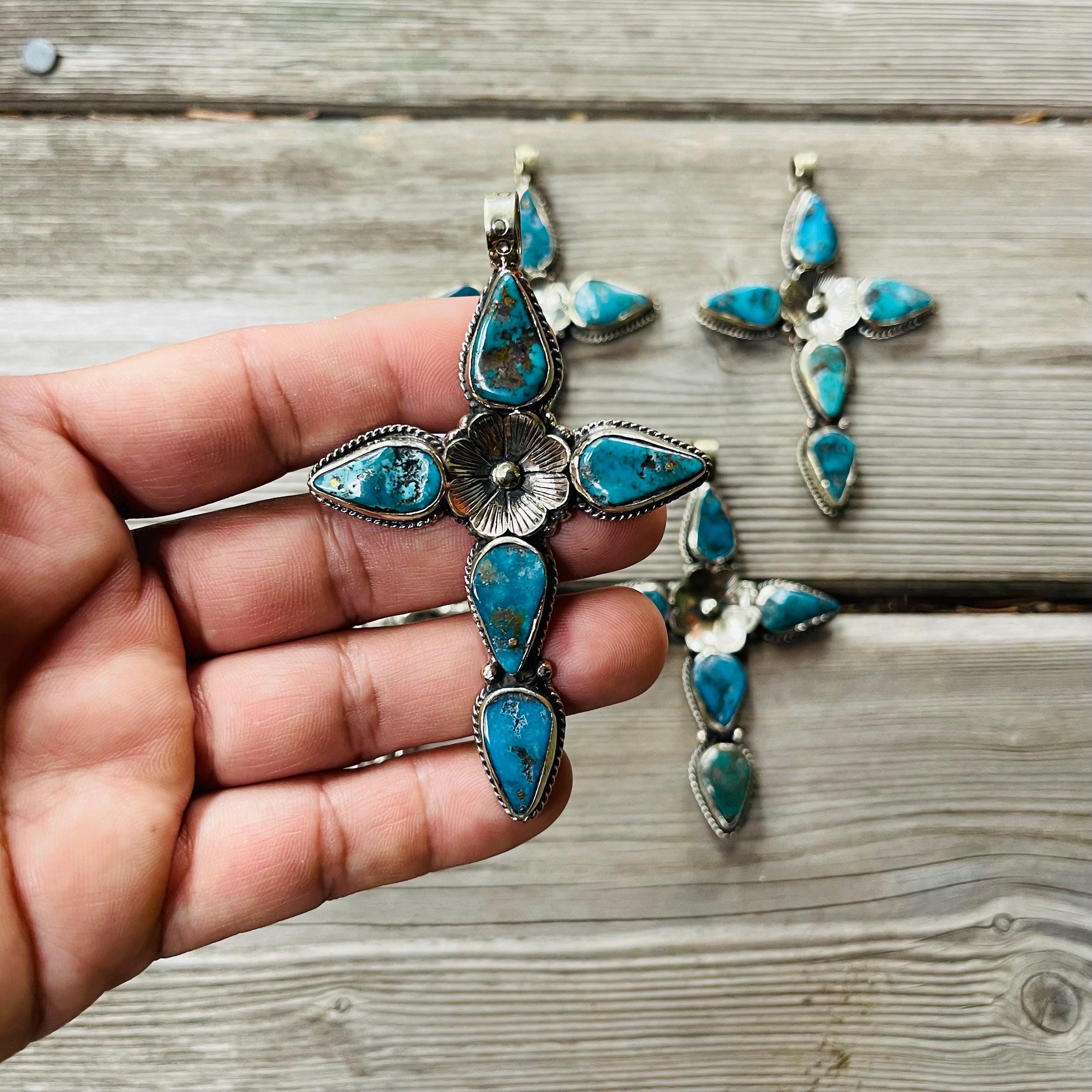 Pendentif Croix En Argent Massif 925 Avec Turquoise Naturelle Et Diamants - Breloque Serti Griffes - 42x65 Mm