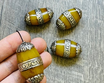 Large Resin Amber Bead: Tibetan Silver Capped Guru Bead (2 Inch)