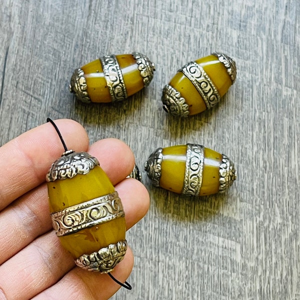 1 Bead - Loose Resin Amber, large 2 inches Tibetan Silver Capped, Unique Beads, Guru Beads..GLAB56