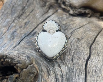 Flaming Heart Ring, Buffalo Bone Handmade, Tibetan Silver Setting, 1.9" Long, Heart Jewelry ..TSR-09