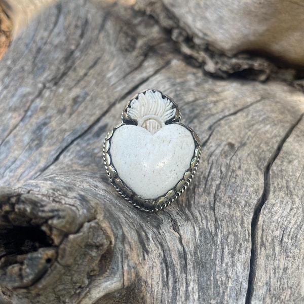 Flaming Heart Ring, Buffalo Bone Handmade, Tibetan Silver Setting, 1.9" Long, Heart Jewelry ..TSR-09