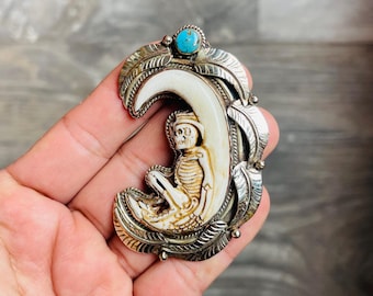 Handmade Tibetan Buffalo Bone Skull Pendant: Sterling Silver Accent
