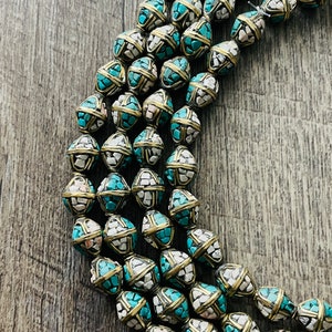 10 Beads - Tibetan Beads Bicone Shaped Brass With Turquoise Shell Inlays, Shell Coral Inlays, Nepal Ethnic Beads, Focal Beads, (10mm) GLAB76