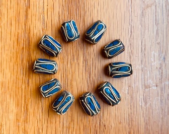 10 Beads - Lapis Beads, Ethnic Nepal Brass Beads With Lapis Inlays, 12mm, Barel Shaped GLAB19