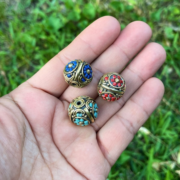 3 BEADS - 17mm, Tibetan Tribal Beads Multi Stones Of Turquoise, Blue Lapis, And Coral Settings, Nepal Ethnic Beads, Focal Beads…glab70