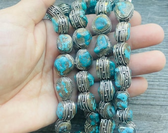 Genuine Turquoise Nugget Bead: Tibetan Silver, Ethnic Style (14-20mm,  Single-Bead)