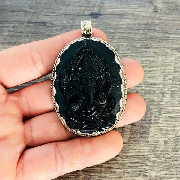 Black Obsidian Ganesha Ganpati Pendant, Pure Brass Setting, Tibetan Silver Metaphysical Jewelry, 5.5cm, Spiritual Pendant..TSP41