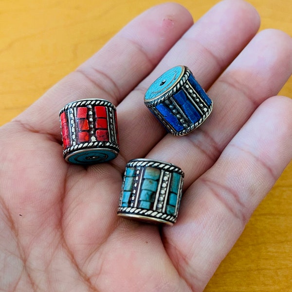 1 BEAD - Tibetan Bead Barrel Shape Turquoise Coral Lapis Inlaid, Nepal Beads, Tribal Beads, Ethnic Beads, 16X16mm, GLAB49T, GLAB49C, GLAB49L