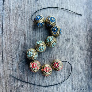 3 BEADS - 17mm, Tibetan Tribal Beads Multi Stones Of Turquoise, Blue Lapis, And Coral Settings, Nepal Ethnic Beads, Focal Beads…glab70