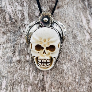 Handmade Buffalo Bone Skull Pendant: Tibetan Silver Large Carved Skull (4.5X6cm)