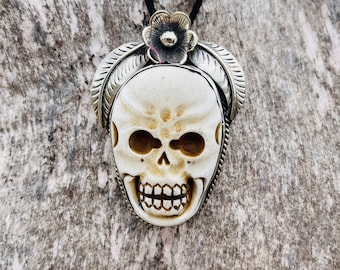 Handmade Buffalo Bone Skull Pendant: Tibetan Silver Large Carved Skull (4.5X6cm)