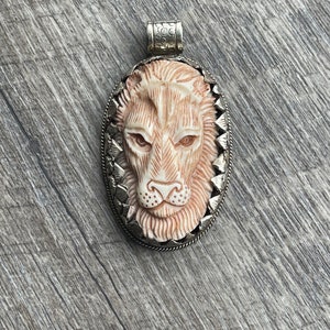 Lion Pendant; Buffalo Bone Curved With Tibetan Silver, 2.5” Long, Nature Designs, TSP58