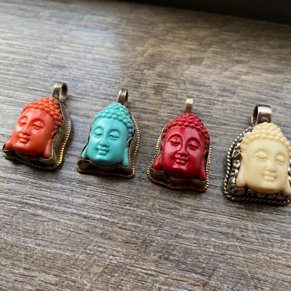 Resin Buddha Pendant: Turquoise, Coral, Tibetan Silver (1.12")