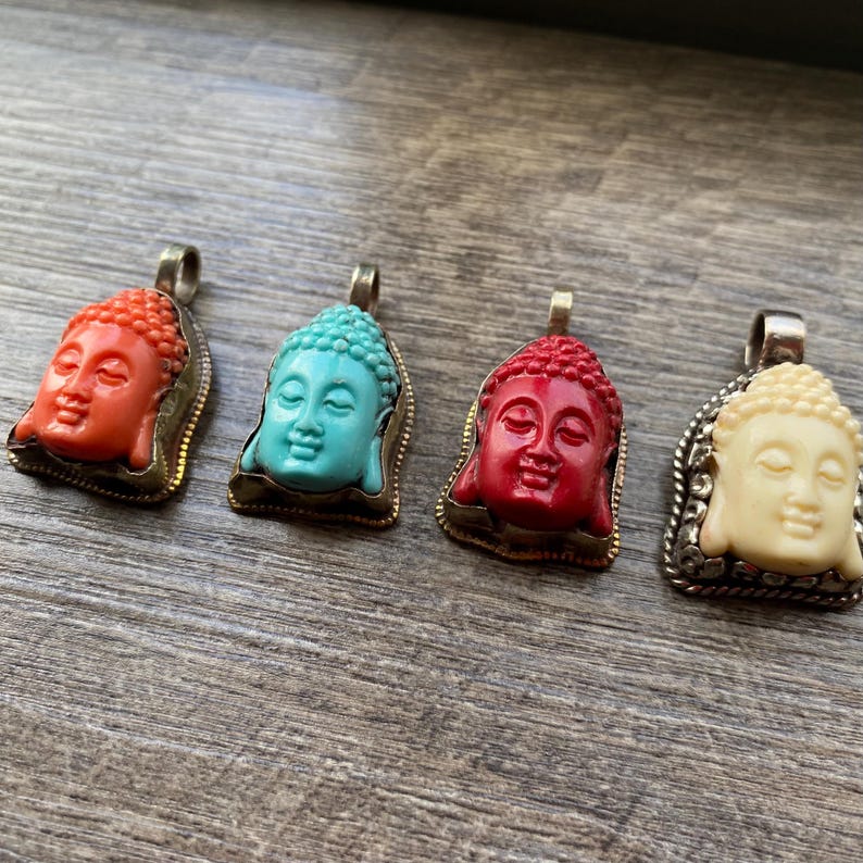 Resin Buddha Pendant: Turquoise, Coral, Tibetan Silver (1.12") image 1