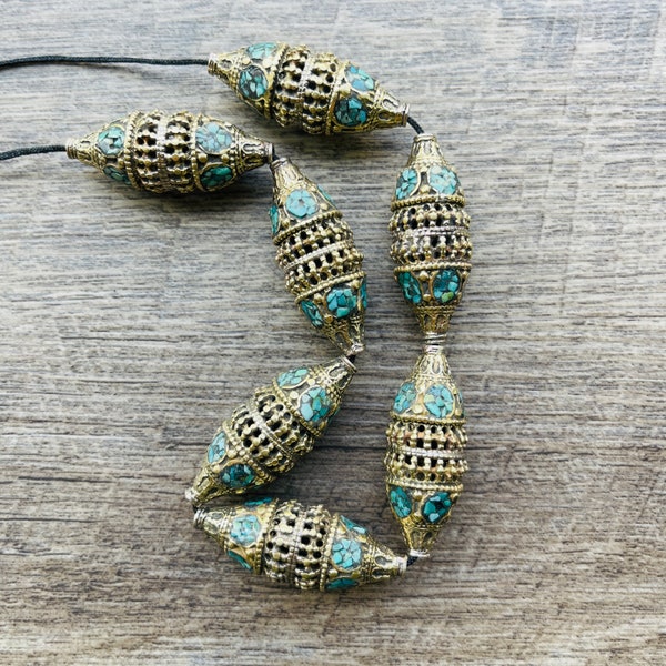 Turquoise Beads; Tibetan Turquoise Inlays Beads, (41mm) Nepal Ethnic Brass Brass Beads, Turquoise Jewely, Large Hole Bead