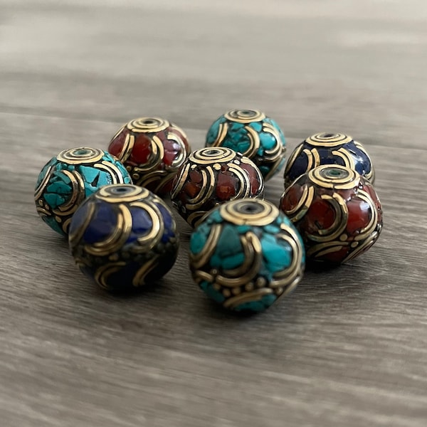 1 BEAD - 18mm Tibetan Beads, Nepal Beads Inlaid Turquoise, Coral, Lapis With Brass, Guru Beads, Shanti Beads, GLAB84-86