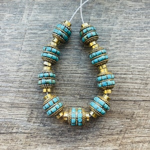 3 BEADS - 14mm, Barrel Shaped Beads, Tibetan Beads Turquoise Inlays With Brass,Turquoise Jewelry, Focal Beads, GLAB-103