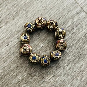10mm Nepal Lapis Inlaid Brass Beads: Tibetan Tribal Jewelry, 10 Pcs