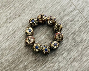 10mm Nepal Lapis Inlaid Brass Beads: Tibetan Tribal Jewelry, 10 Pcs