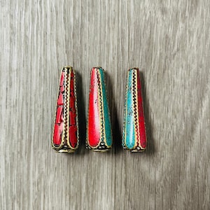 2 BEAD - Cone Shape Long (1.57”) Turquoise Coral Inlays Bead, Nepal Ethnic Bead, Tibetan Handmade Bead, GLAB41TC