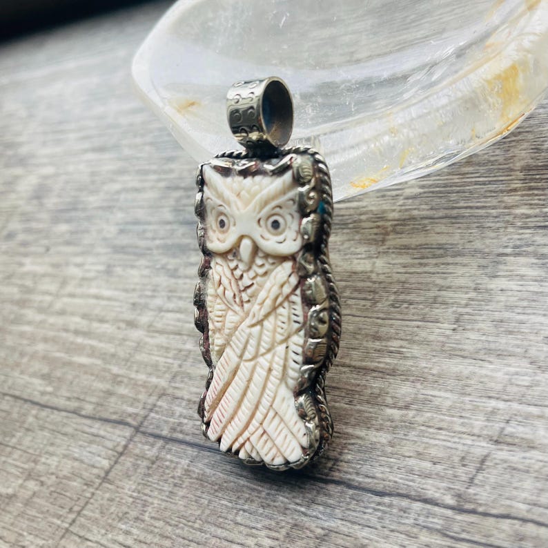 Hand Carved Buffalo Bone Owl Pendant: Tibetan Silver Jewelry image 5