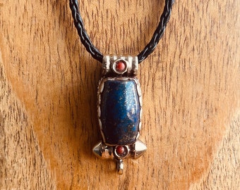 Lapis Lazuli Tibetan Silver Gau Pendant: Nepal Ethnic Design