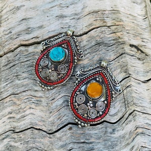 Nepal Ethnic Pendant, Tibetan Silver Amber And Turquoise Pendant, Tibetan Turquoise Jewelry, Turquoise, Amber Coral Inlays, 2.5” long…