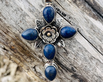 Lapis Lazuli Cross Pendant: Tibetan Silver Flower Setting