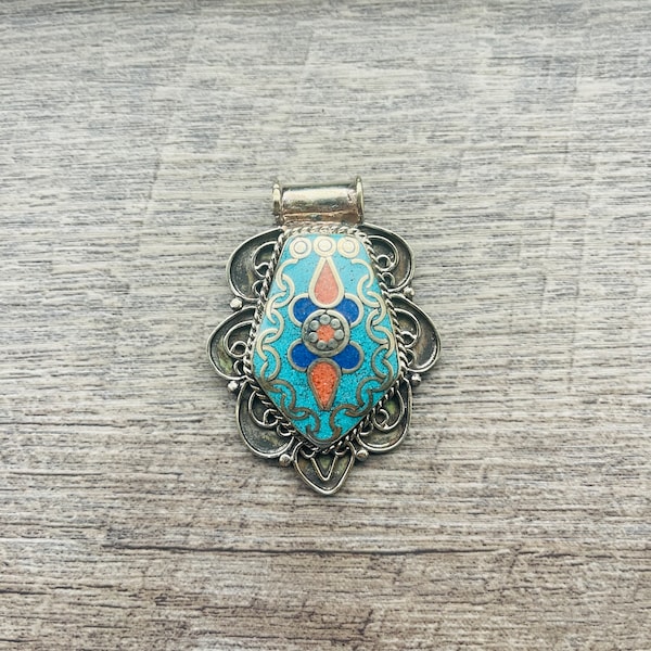 Nepal Pendant: Boho Style Ethnic Nepal Pendants Turquoise And Coral Inlaid Tibetan Silver, Tibetan Tribal Pendant, Handmade Pendants,GLAP2..