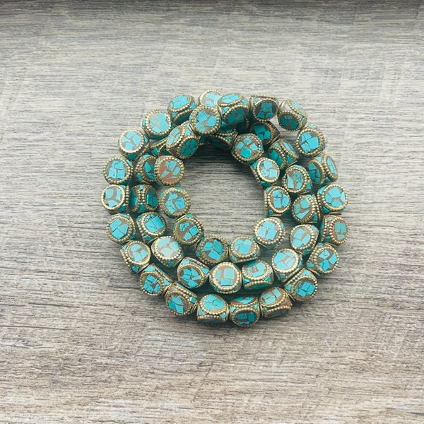 Ethnic Nepal Brass Beads With Lapis inlays, 10mm, Tri Angeles, Unique Shaped Beads, Focal Beads, Lapis Jewelry..GLAB107