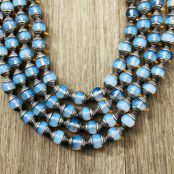 10 BEADS - 10mm, Moonstone Tibetan Silver Capped Beads, Moonstone Beads, Nepal Beads, Moonstone Necklaces, GLAB52B, GLAB52S…