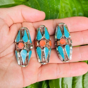 Large Tibetan Beads, Nepal Beads Turquoise With Tibetan Silver, ( 18x45mm ) Guru Beads, Shanti Beads.