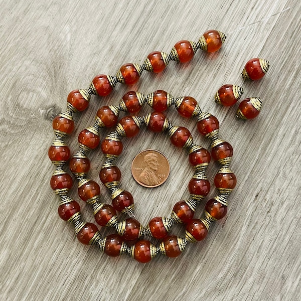 10 BEADS - 10mm, Cornelian Tibetan Silver Capped Beads,  Cornelian Beads, Nepal Beads, Cornelian Necklaces, GLAB53S, GLAB53B…