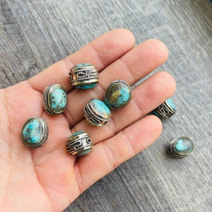 1 BEAD - 14-20mm,  Genuine Turquoise Nuggets Beads, Tibetan Silver Beads, Ethnic Style Beads..